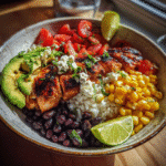 High protein cottage cheese taco bowl with chicken and fresh toppings