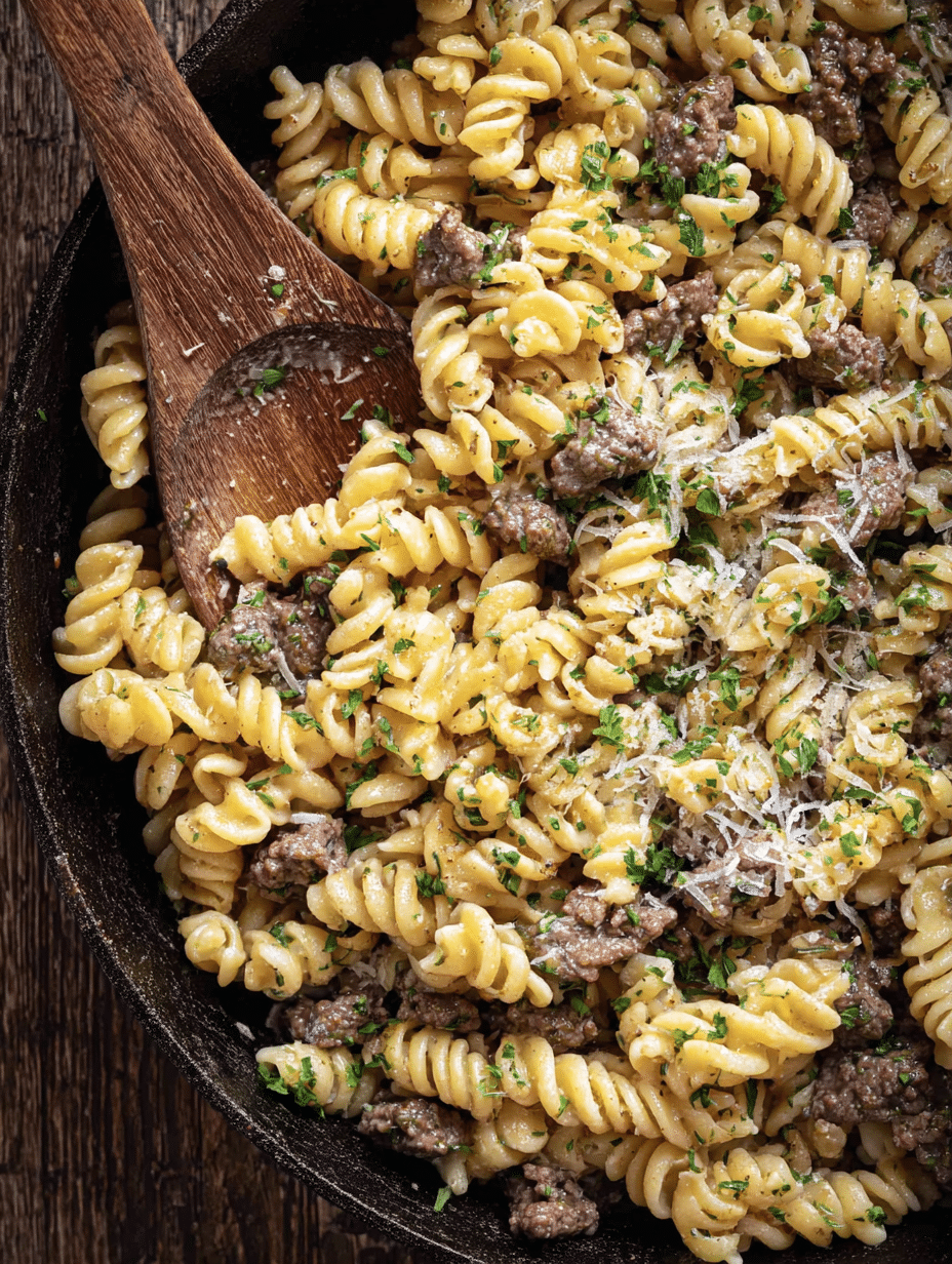 Quick One Pot Creamy Beef and Garlic Butter Pasta in 30 Minutes