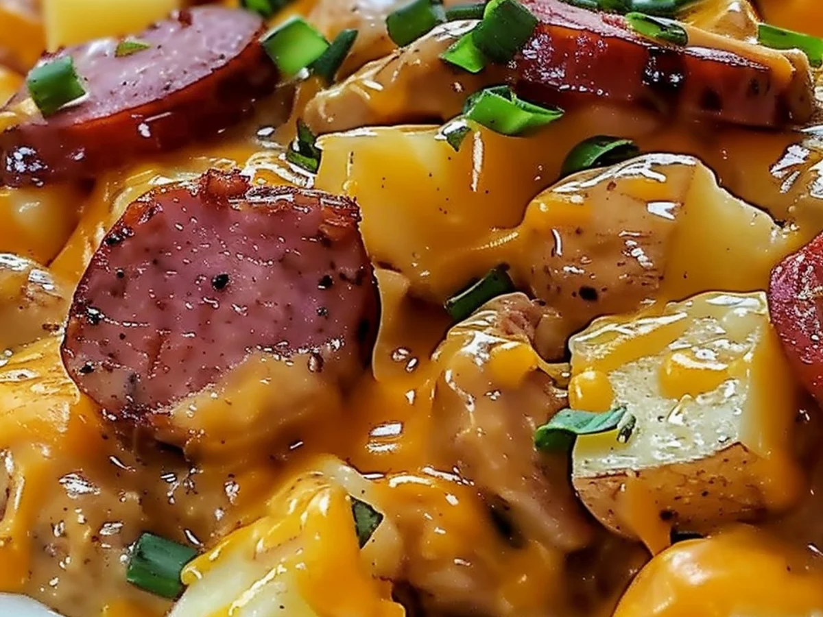 Crockpot Cheesy Potatoes and Kielbasa Delight Awaits!