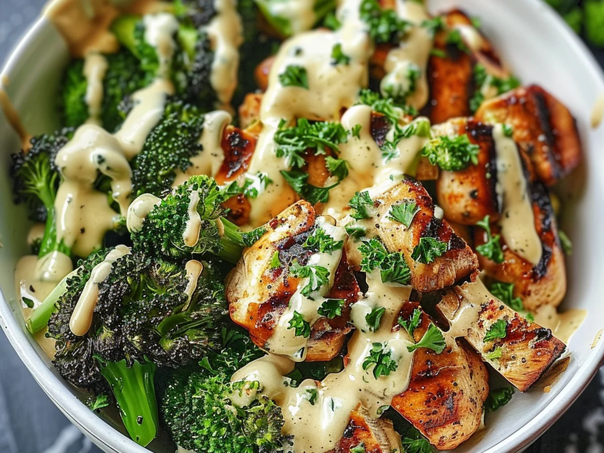 Grilled Chicken & Broccoli Bowls with Creamy Garlic Sauce
