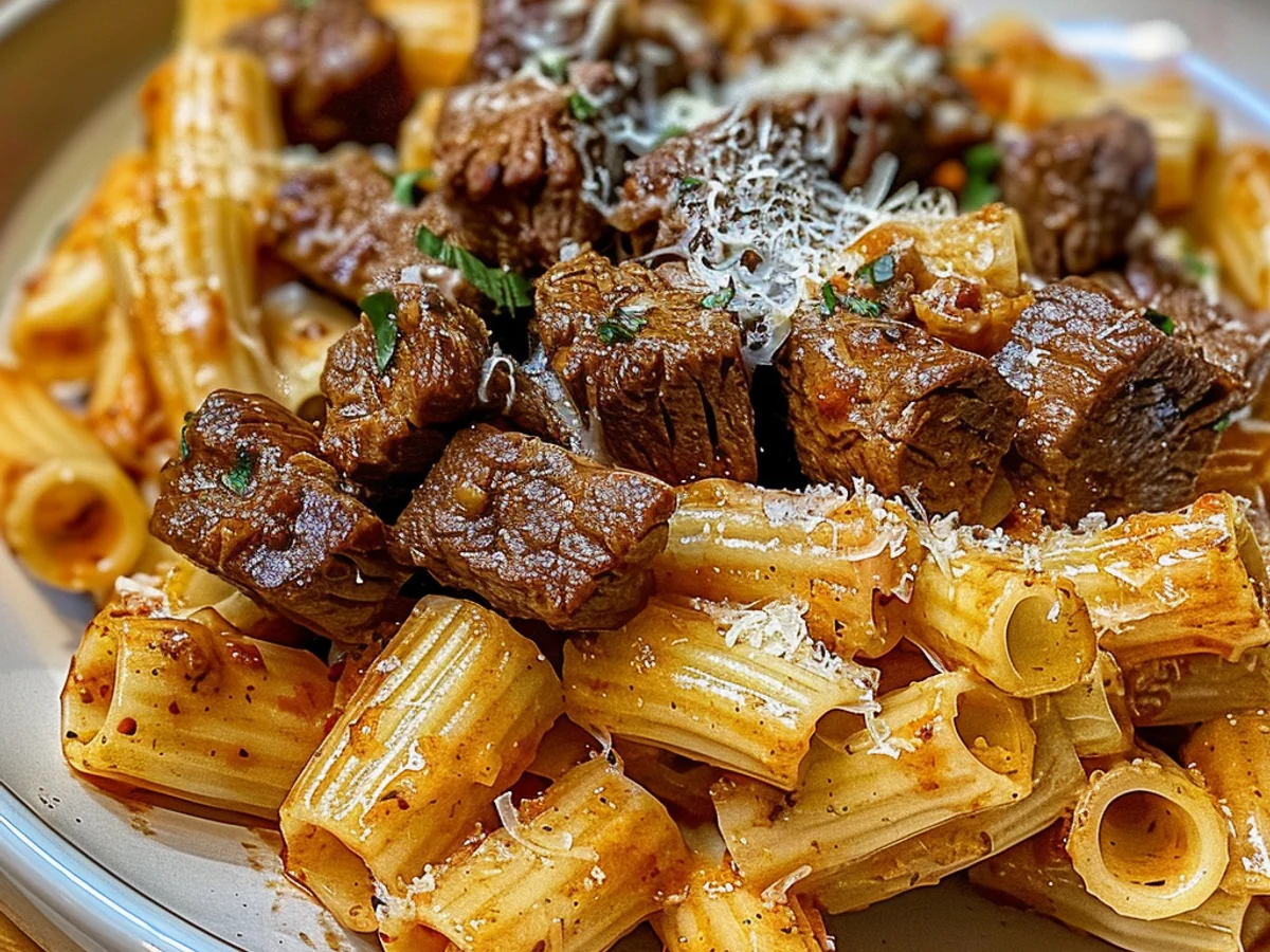Cajun Steak Tips in Cheesy Rigatoni Parmesan Sauce Delight!