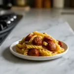sticky honey garlic sausage pasta skillet featured