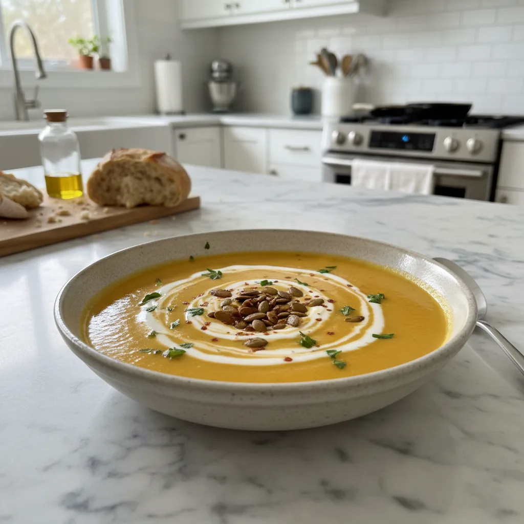 Creamy Butternut Squash Soup with Kefir Swirl & Chili Seeds