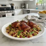 pomegranate glazed chicken thighs with jeweled far featured