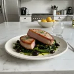 Light Seared Tuna Steaks, Braised Cavolo Nero 2 seared tuna steaks over braised cavolo nero with o featured