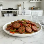 Smoky One Pan Sausage & Peppers Skillet 6 one pan smoked sausage peppers skillet featured
