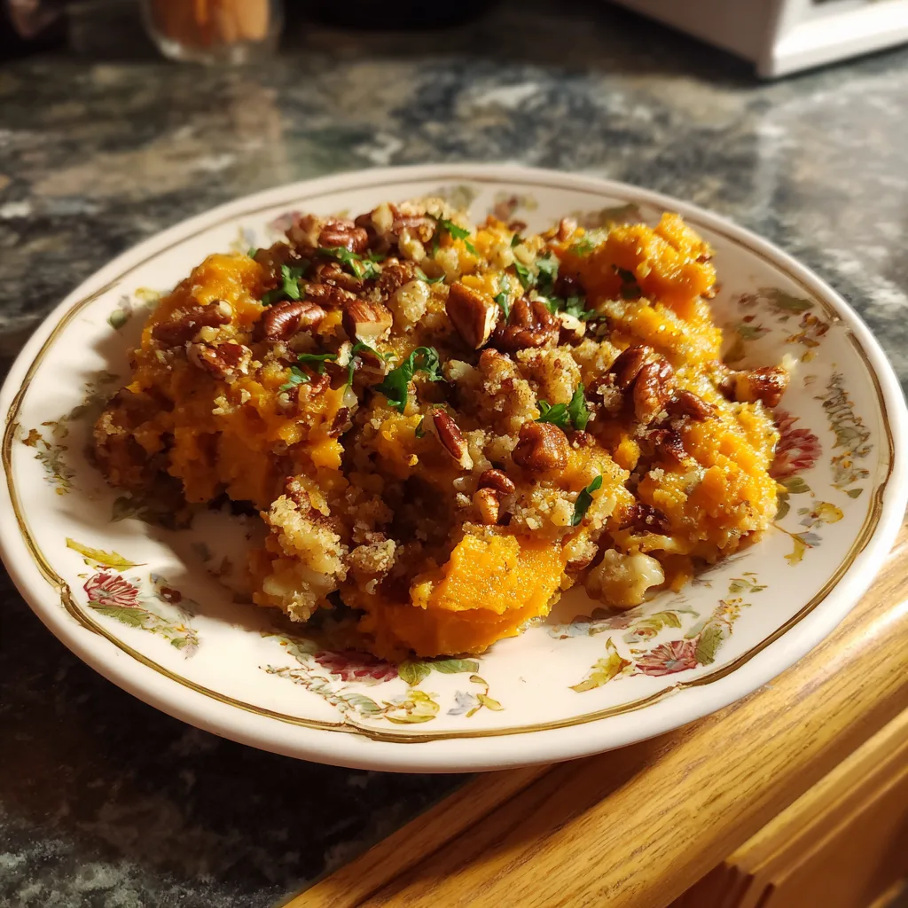 Sweet Potato Casserole, Velvety with Butter Pecan Crumble