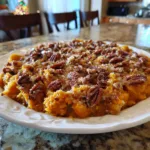 sweet potato casserole with pecan topping featured