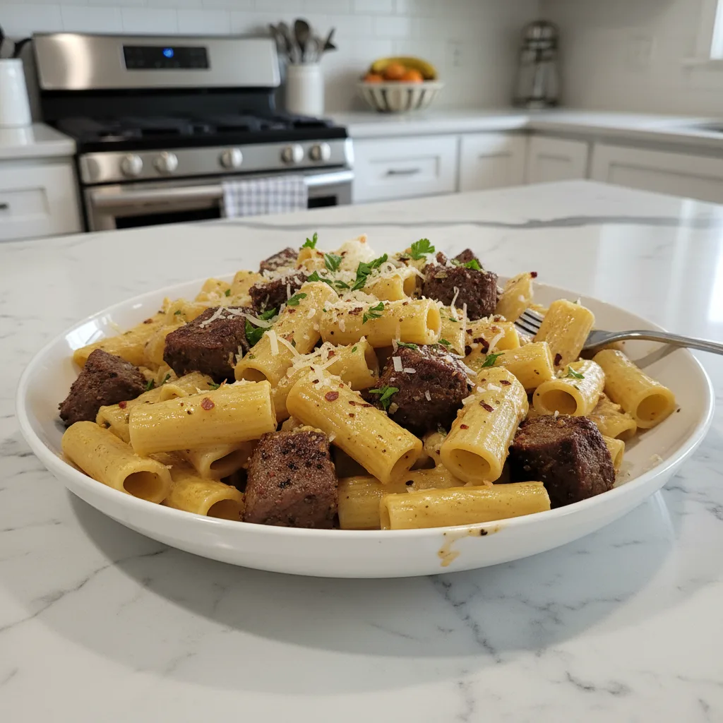 Spicy Cajun Steak Tips Cheesy Rigatoni Pasta