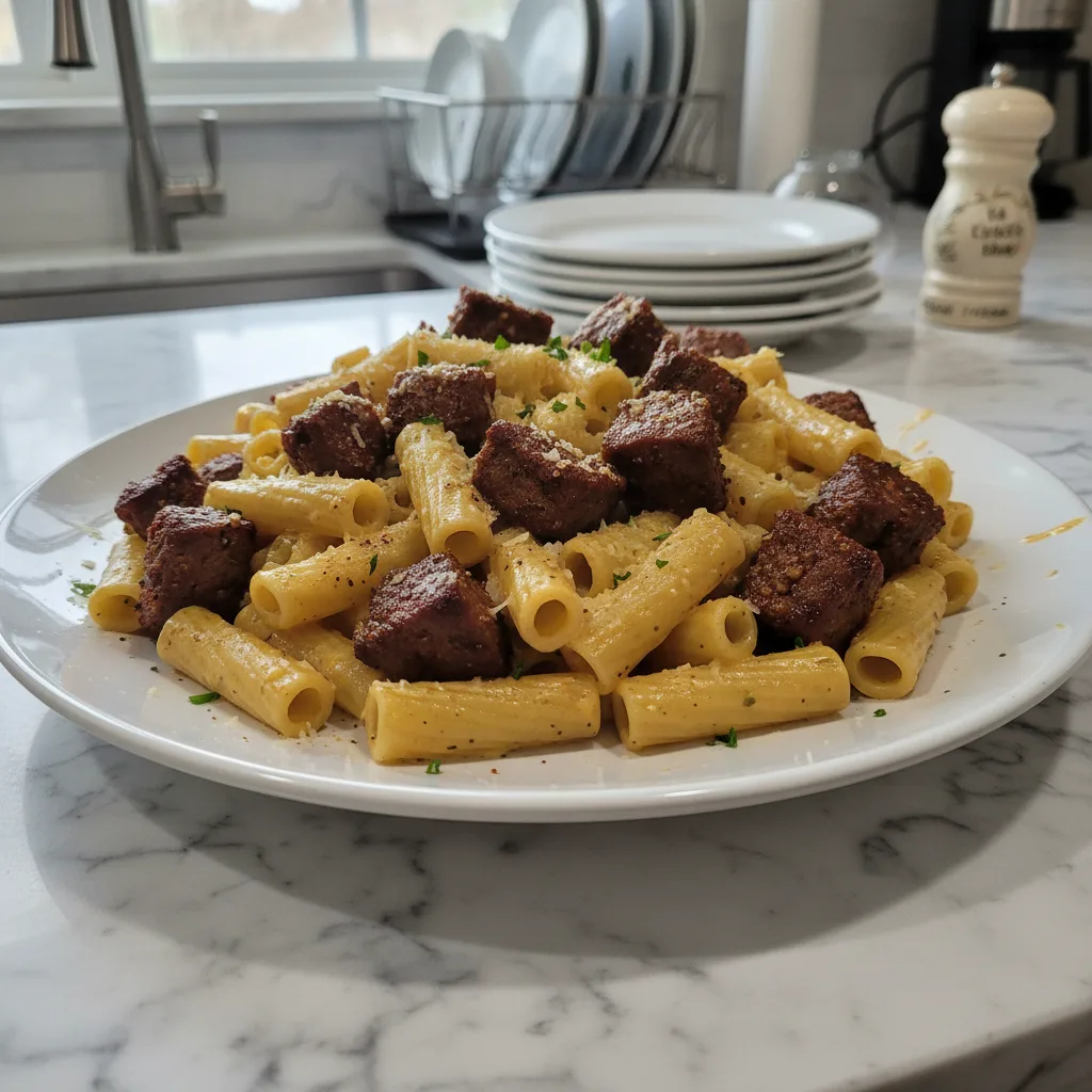 Hearty Cajun Steak Tips in Creamy Rigatoni Parmesan