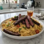 creamy queso rice with juicy steak strips featured