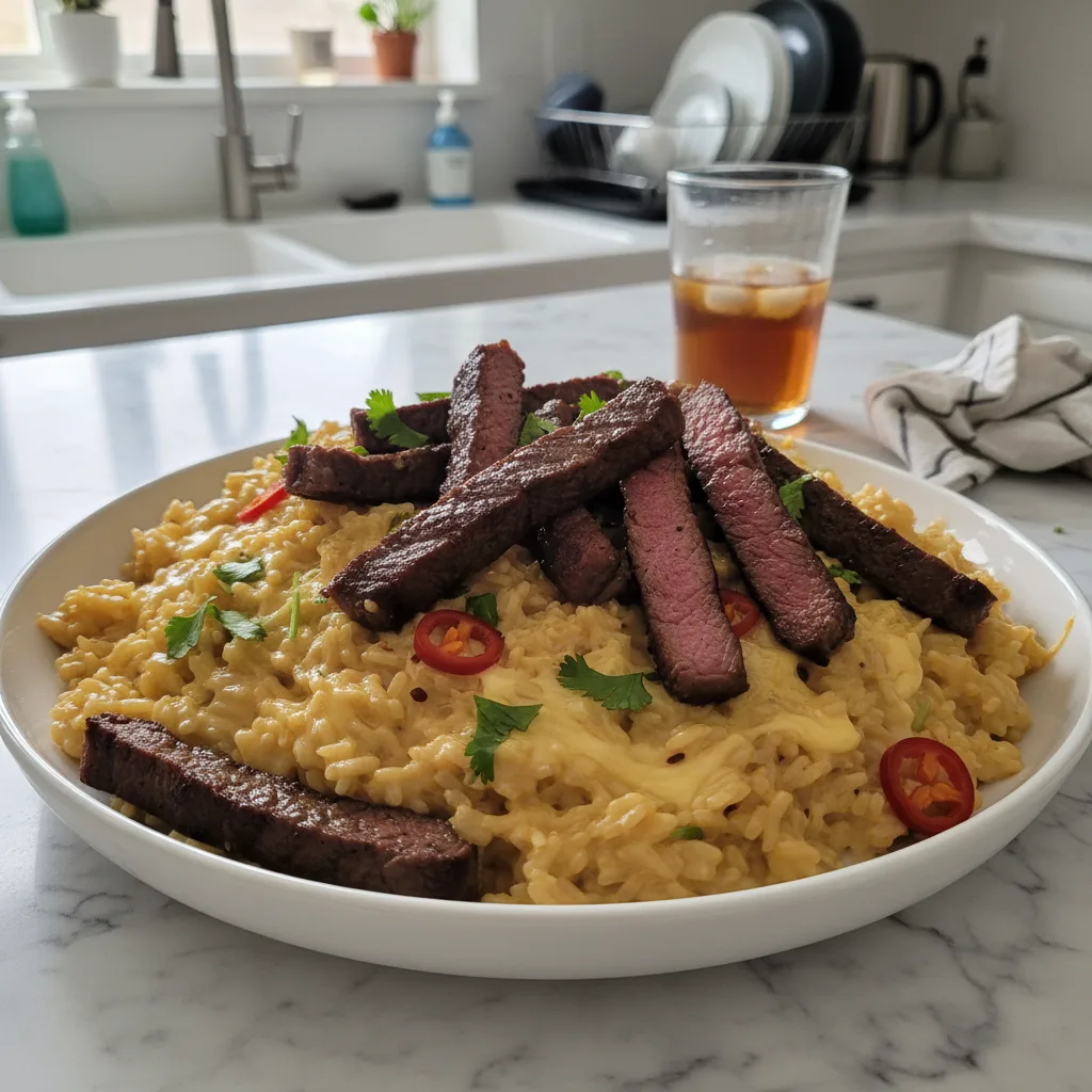 Hearty Creamy Queso Rice with Steak Strips
