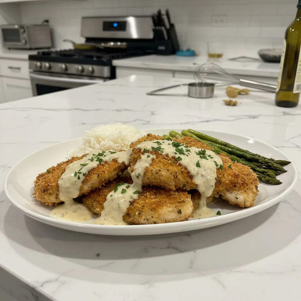 Crispy Parmesan Chicken & Rich Garlic Sauce: Easy Dinner