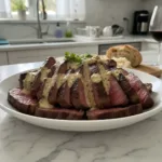 juicy steak with creamy garlic sauce featured