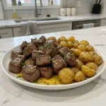 garlic steak bites and potatoes quick skillet stea featured