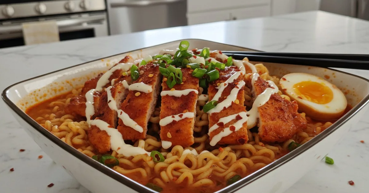 Savor the Spice: Fiery Chicken Ramen with Creamy Garlic Sauce