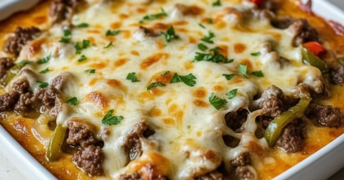 The Ultimate High Protein Low Carb Philly Cheesesteak Casserole