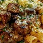Garlic Butter Steak Tips with Cheesy Rigatoni