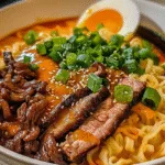 Spicy Korean Ramen with Grilled Beef & Creamy Sauce